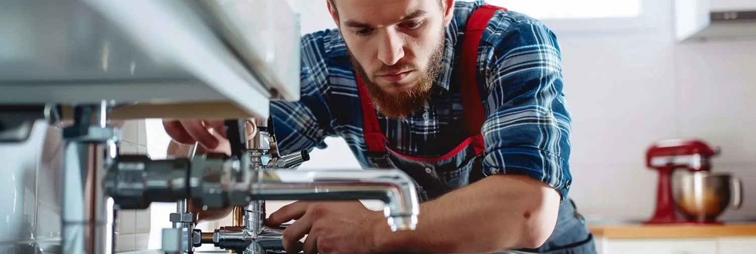 Plumber fixing the pipes under a kitchen sink